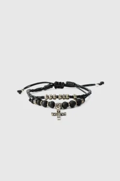 2 Pack Adjustable Cross Pendant Bracelets In Black