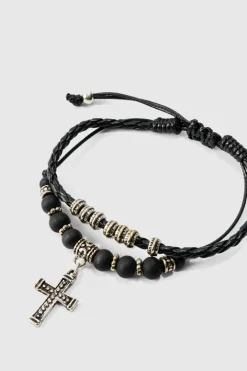 2 Pack Adjustable Cross Pendant Bracelets In Black