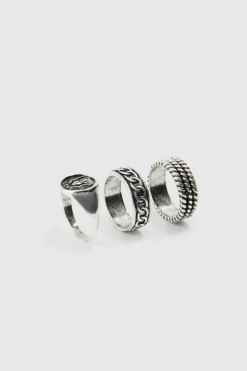 3 Pack Embossed Rings In Silver