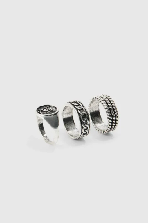 3 Pack Embossed Rings In Silver
