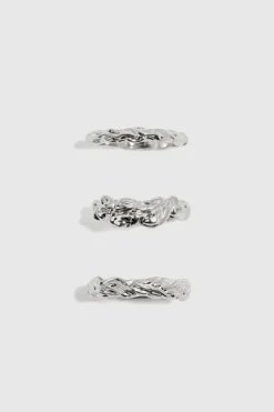 3 Pack Melted Effect Rings In Silver
