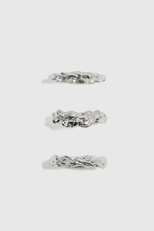 3 Pack Melted Effect Rings In Silver