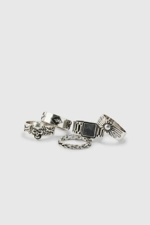 5 Pack Skull Embossed Rings