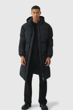 4 Pocket Longline Hooded Puffer In Black
