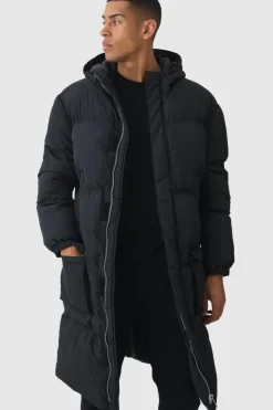 4 Pocket Longline Hooded Puffer In Black