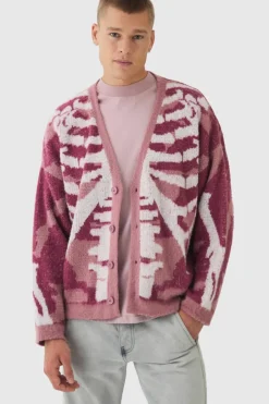 Abstract Camo Brushed Cardigan in Pink