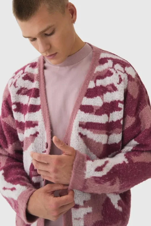 Abstract Camo Brushed Cardigan in Pink