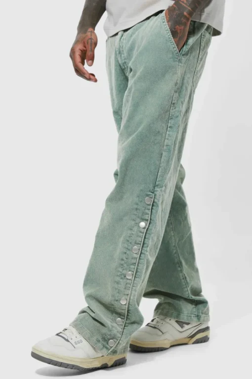 Acid Wash Relaxed Fit Popper Corduroy Trousers