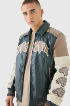 Badge Detail Colour Block Pu Varsity Jacket In Black