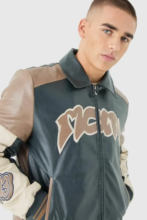 Badge Detail Colour Block Pu Varsity Jacket In Black
