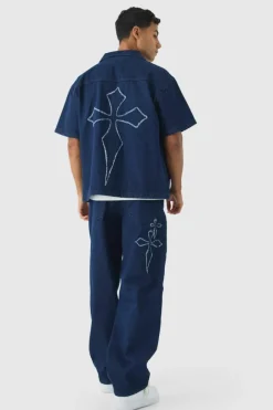 Baggy Fit Raw Edge Denim Cross Applique Jeans