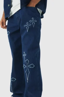Baggy Fit Raw Edge Denim Cross Applique Jeans