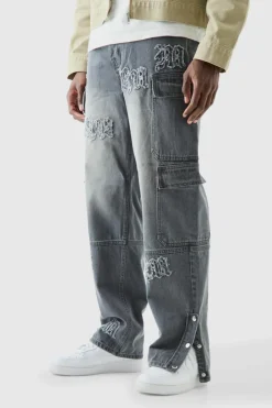 Baggy Rigid Bm Applique Multi Pocket Cargo Jeans In Grey