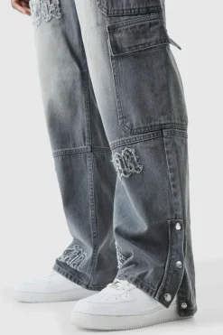 Baggy Rigid Bm Applique Multi Pocket Cargo Jeans In Grey