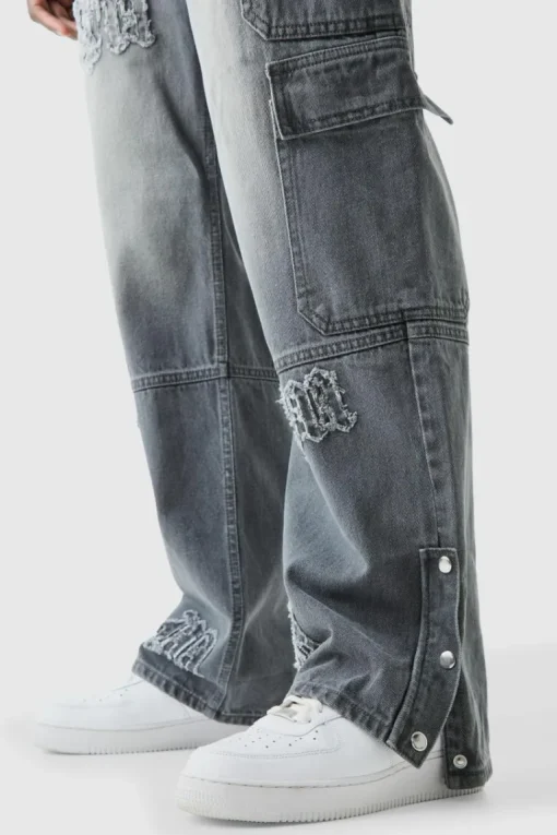 Baggy Rigid Bm Applique Multi Pocket Cargo Jeans In Grey