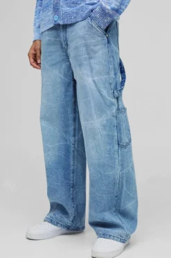 Baggy Rigid Carpenter Crinkle Denim Jeans In Antique Blue