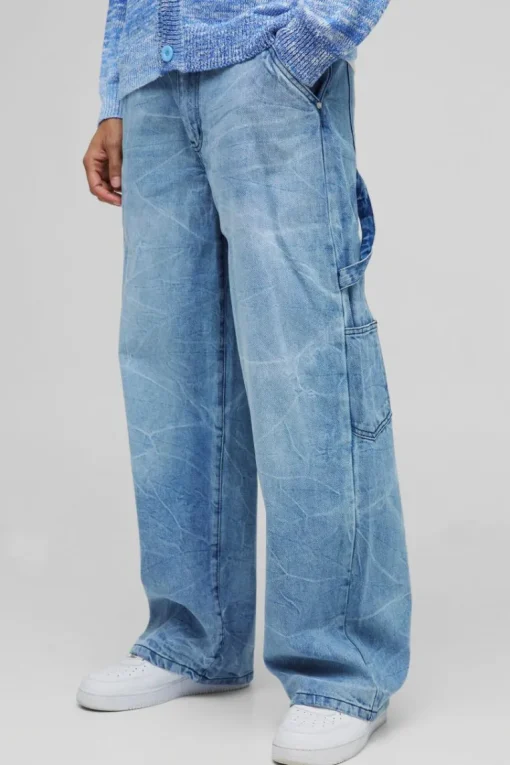 Baggy Rigid Carpenter Crinkle Denim Jeans In Antique Blue