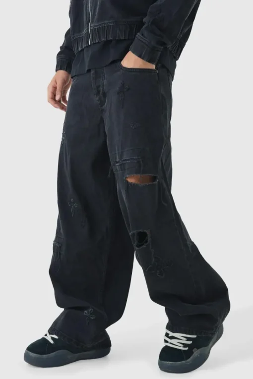 Baggy Rigid Cross Applique Denim Jeans