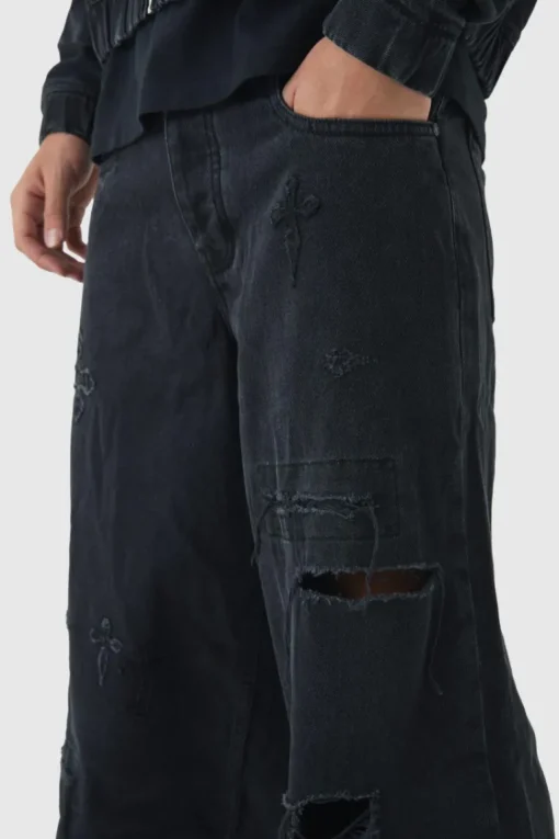 Baggy Rigid Cross Applique Denim Jeans