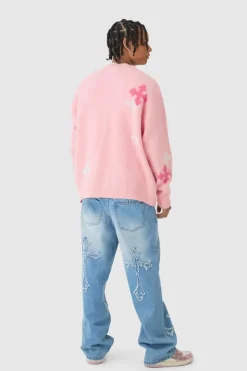 Baggy Rigid Cross Applique Jeans In Light Blue