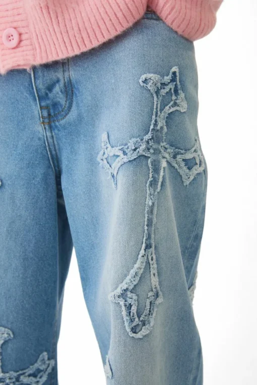 Baggy Rigid Cross Applique Jeans In Light Blue