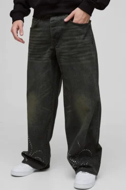 Baggy Rigid Cross Stud Applique Denim Jeans