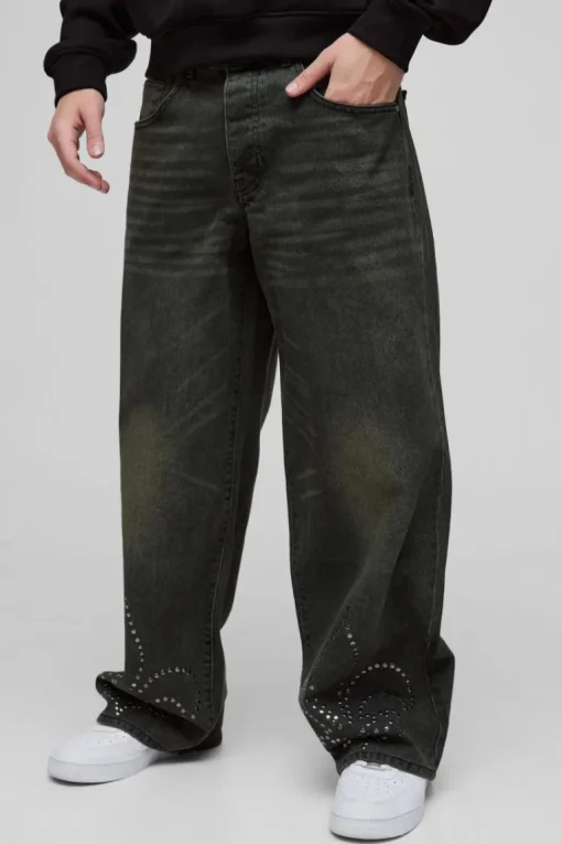 Baggy Rigid Cross Stud Applique Denim Jeans