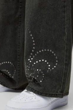 Baggy Rigid Cross Stud Applique Denim Jeans
