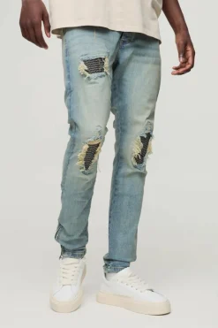 Biker Rip & Repair Stonewash Zip Hem Skinny Jeans