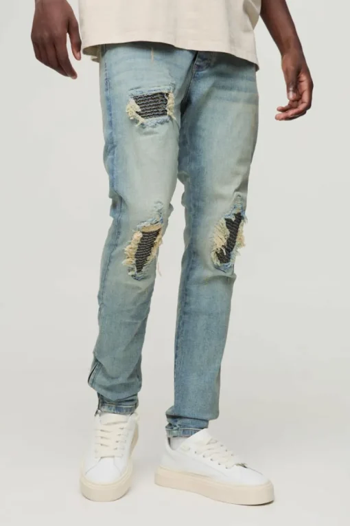 Biker Rip & Repair Stonewash Zip Hem Skinny Jeans
