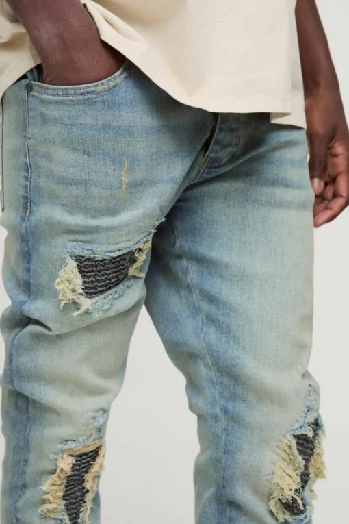 Biker Rip & Repair Stonewash Zip Hem Skinny Jeans