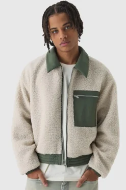 Boxy Borg And Nylon Collared Bomber Jacket In Ecru