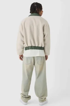 Boxy Borg And Nylon Collared Bomber Jacket In Ecru