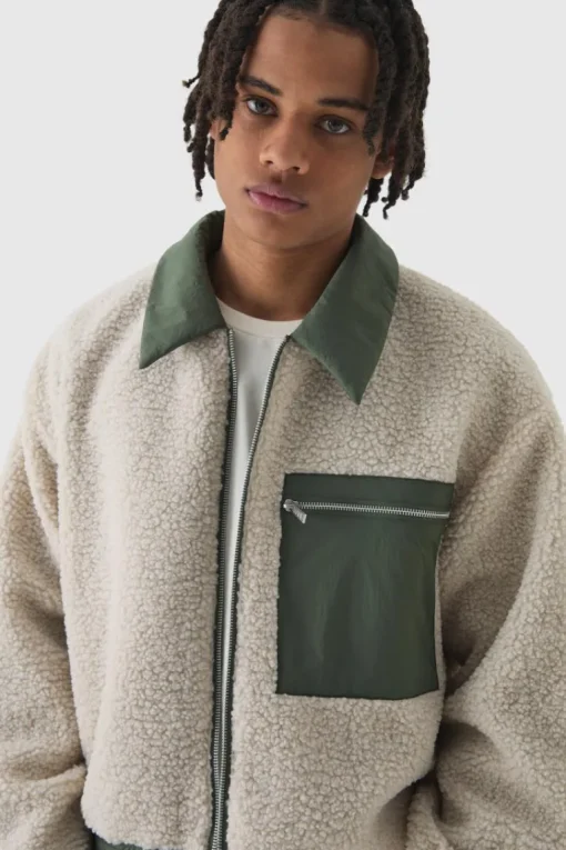 Boxy Borg And Nylon Collared Bomber Jacket In Ecru