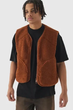 Boxy Borg Pocket Detail Gilet In Tan