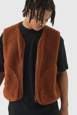 Boxy Borg Pocket Detail Gilet In Tan