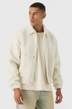 Boxy Brushed Boucle Harrington Jacket In Ecru
