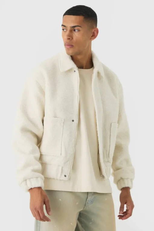 Boxy Brushed Boucle Harrington Jacket In Ecru