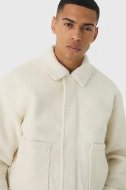 Boxy Brushed Boucle Harrington Jacket In Ecru