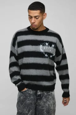 Boxy Brushed Stripe Print Knitted Jumper