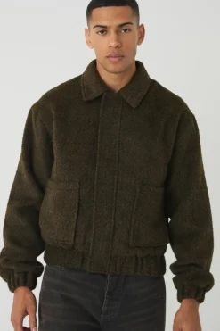 Boxy Brushed Wool Look Harrington Jacket In Khaki