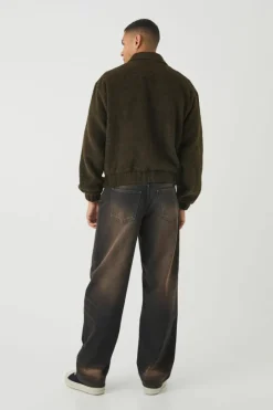 Boxy Brushed Wool Look Harrington Jacket In Khaki