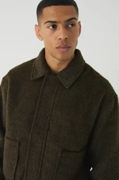 Boxy Brushed Wool Look Harrington Jacket In Khaki