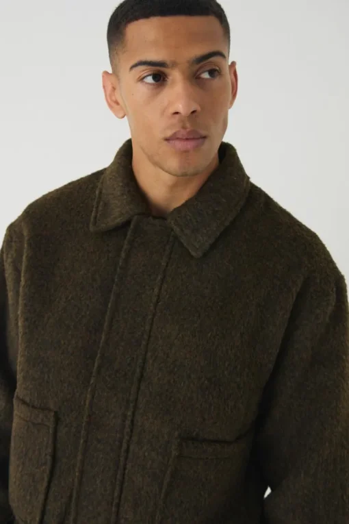 Boxy Brushed Wool Look Harrington Jacket In Khaki