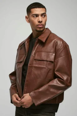 Boxy Collared PU Harrington Jacket With Raw Edge In Brown