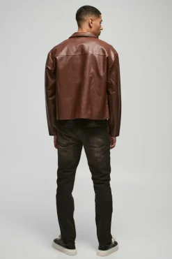 Boxy Collared PU Harrington Jacket With Raw Edge In Brown
