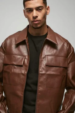 Boxy Collared PU Harrington Jacket With Raw Edge In Brown