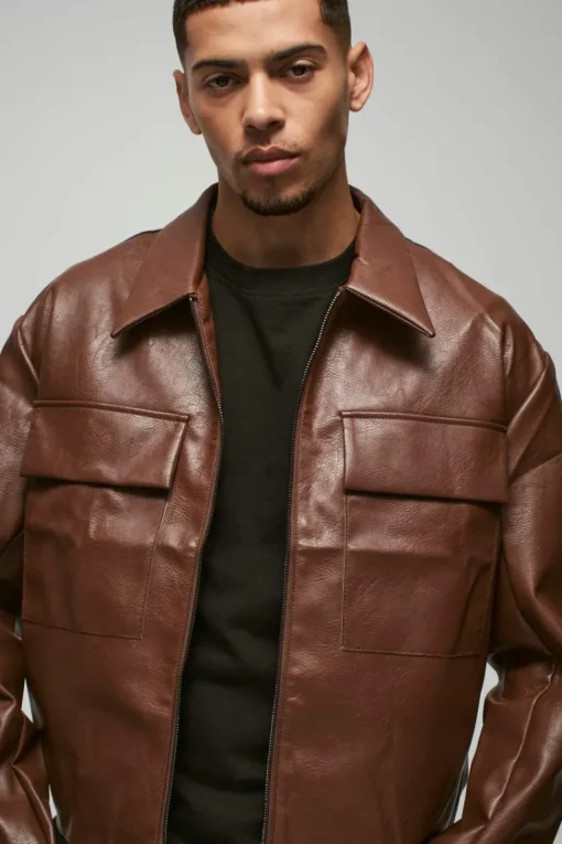 Boxy Collared PU Harrington Jacket With Raw Edge In Brown