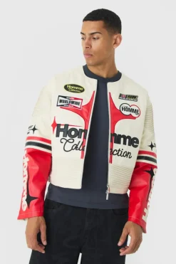 Boxy Collarless Homme PU Moto Jacket In Ecru