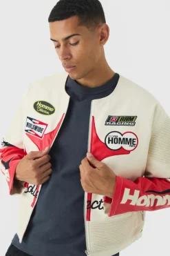 Boxy Collarless Homme PU Moto Jacket In Ecru